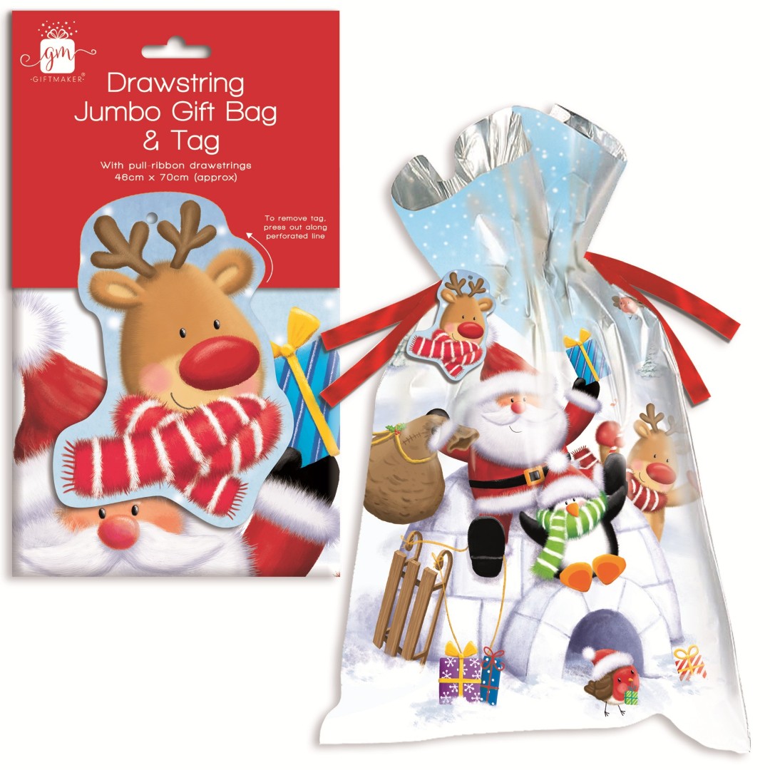 Buy Christmas Drawstring Printed Sack Jumbo Gift Bag And Tag and wholesale Christmas Sacks at Christmas Wholesaler Christmas Wholesale Seller