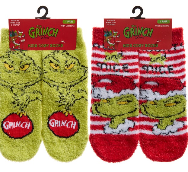 Buy Toddler/Infant Grinch Cosy Socks 1 Pair Assorted Sizes and wholesale Gifts For Kids at Christmas Wholesaler Christmas Wholesale Seller