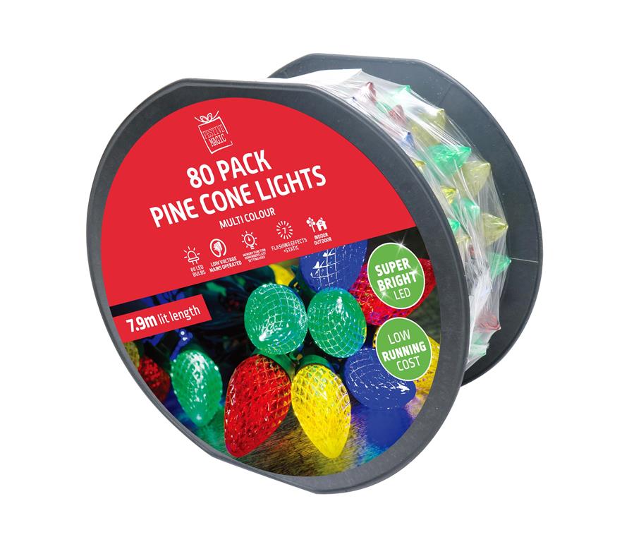 Buy Christmas Multi Coloured Pinecone LED Light Reel ( 80 Lights ) and wholesale Christmas Lights at Christmas Wholesaler Christmas Wholesale Seller